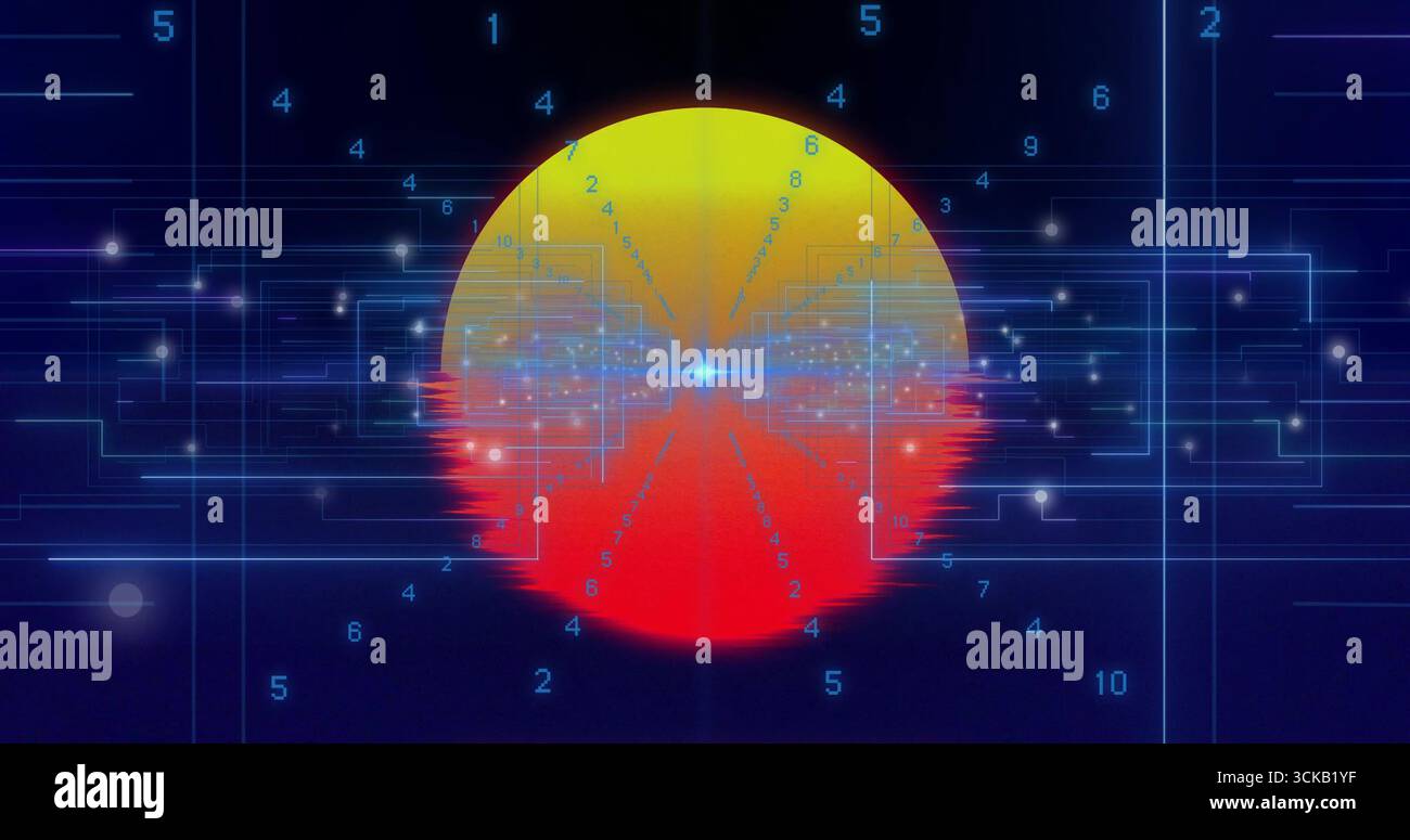 Glowing gradient sphere displaying glitches in neon grid, with numeric digits and circuit traces Stock Photo