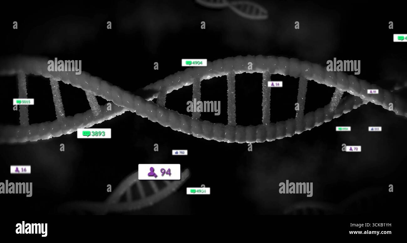 Displaying central DNA double helix in dark digital environment, with floating data tags Stock Photo