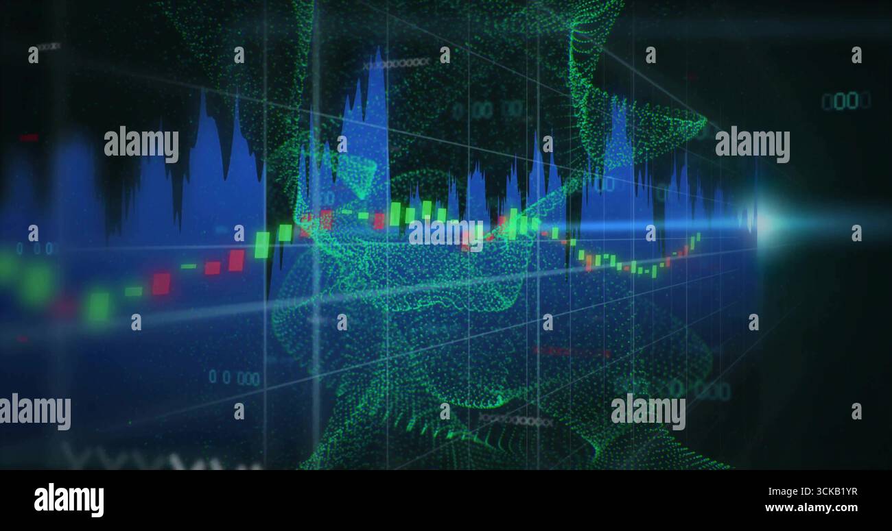Twisting green point cloud helix moving inside 3D grid with candlestick ...