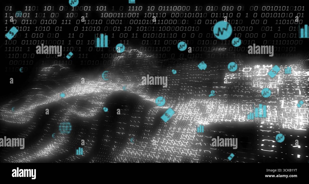 Streaming central binary wave across cyberspace, with white bits and turquoise analytics icons Stock Photo