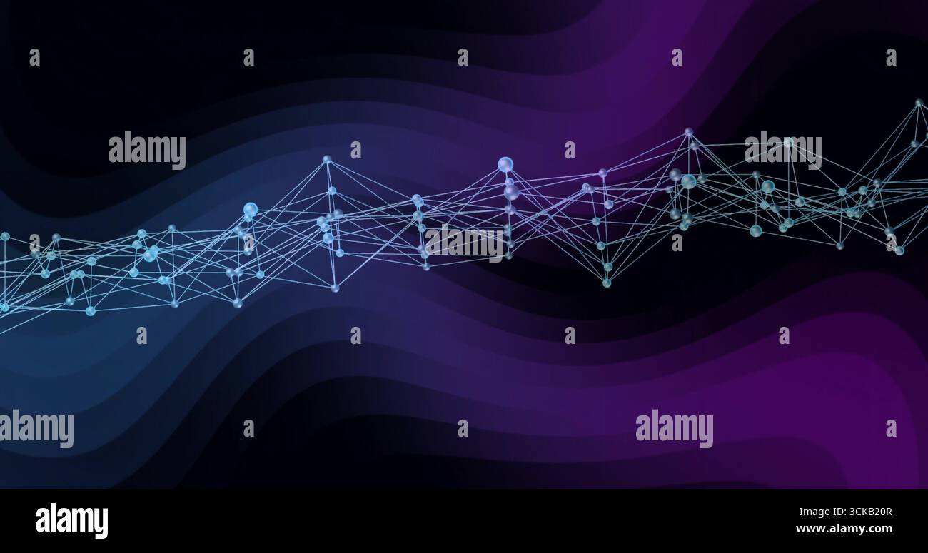Displaying glowing wave-like network inside virtual environment with spherical nodes and thin lines Stock Photo