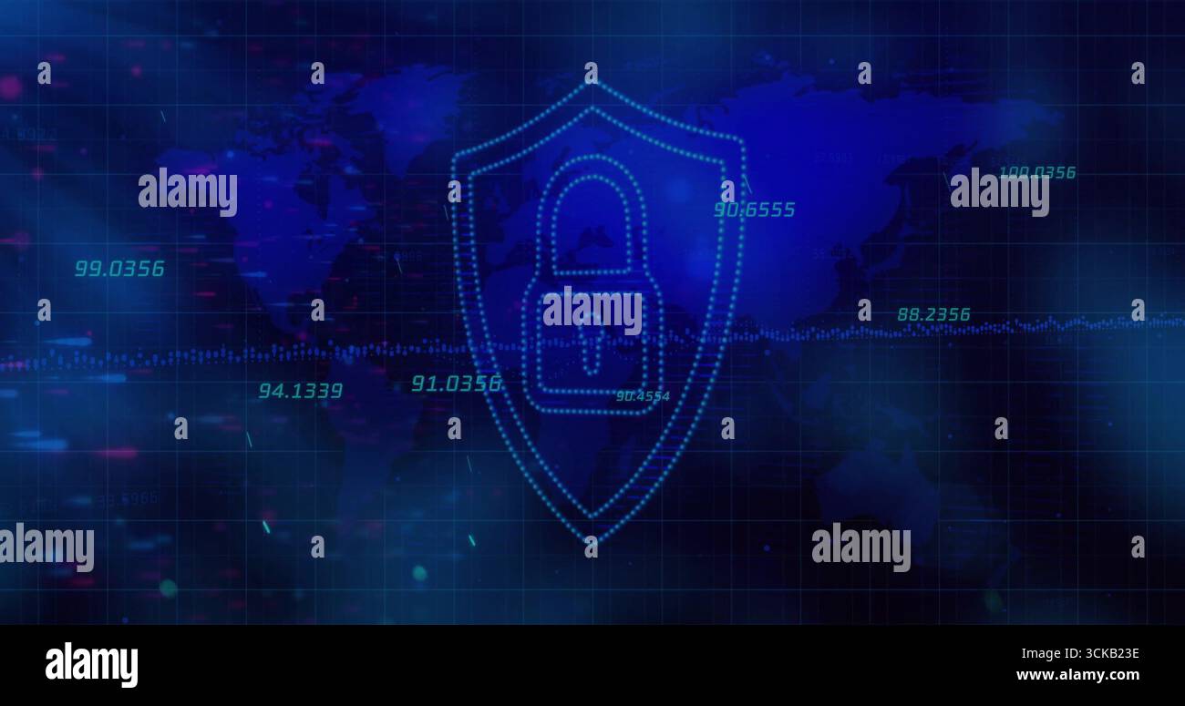 Floating dotted-line shield with padlock icon over world map grid in dashboard, showing data values Stock Photo