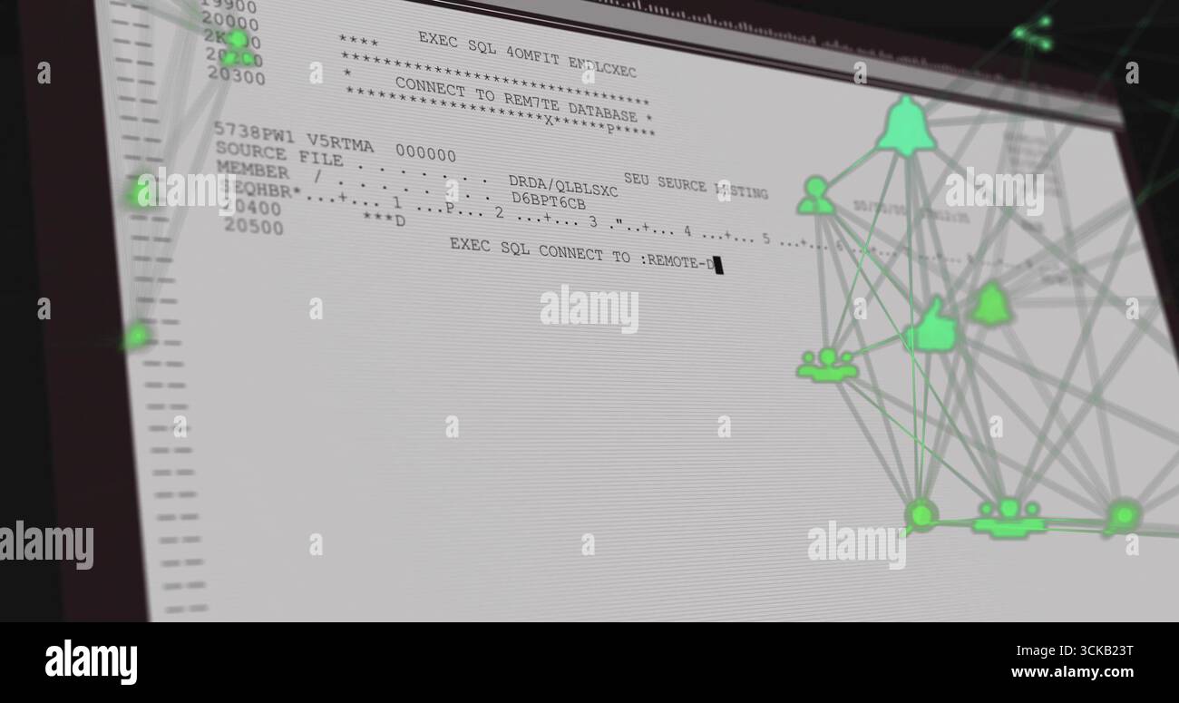 Displaying screen showing SQL code at desk, with green user and thumbs-up icons network overlay Stock Photo