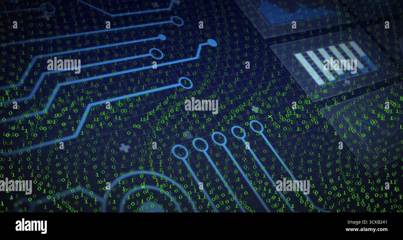 Displaying circuitry pattern in interface with board traces, chip outlines and green binary digits Stock Photo