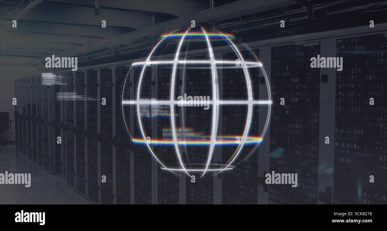 Floating holographic globe hovering inside data center corridor, with server racks and cable trays Stock Photo