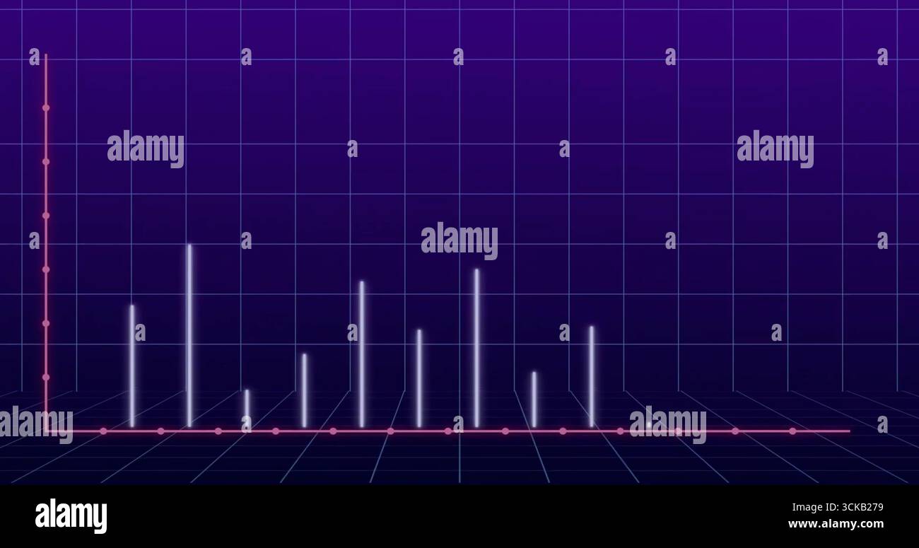 Displaying glowing vertical bars rising from base on virtual 3D grid, featuring pink axis markers Stock Photo