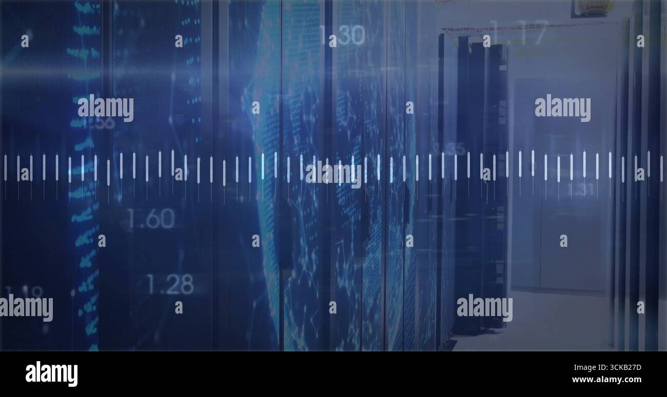 Displaying servers projecting world map overlay in data center corridor, with numeric waveform Stock Photo