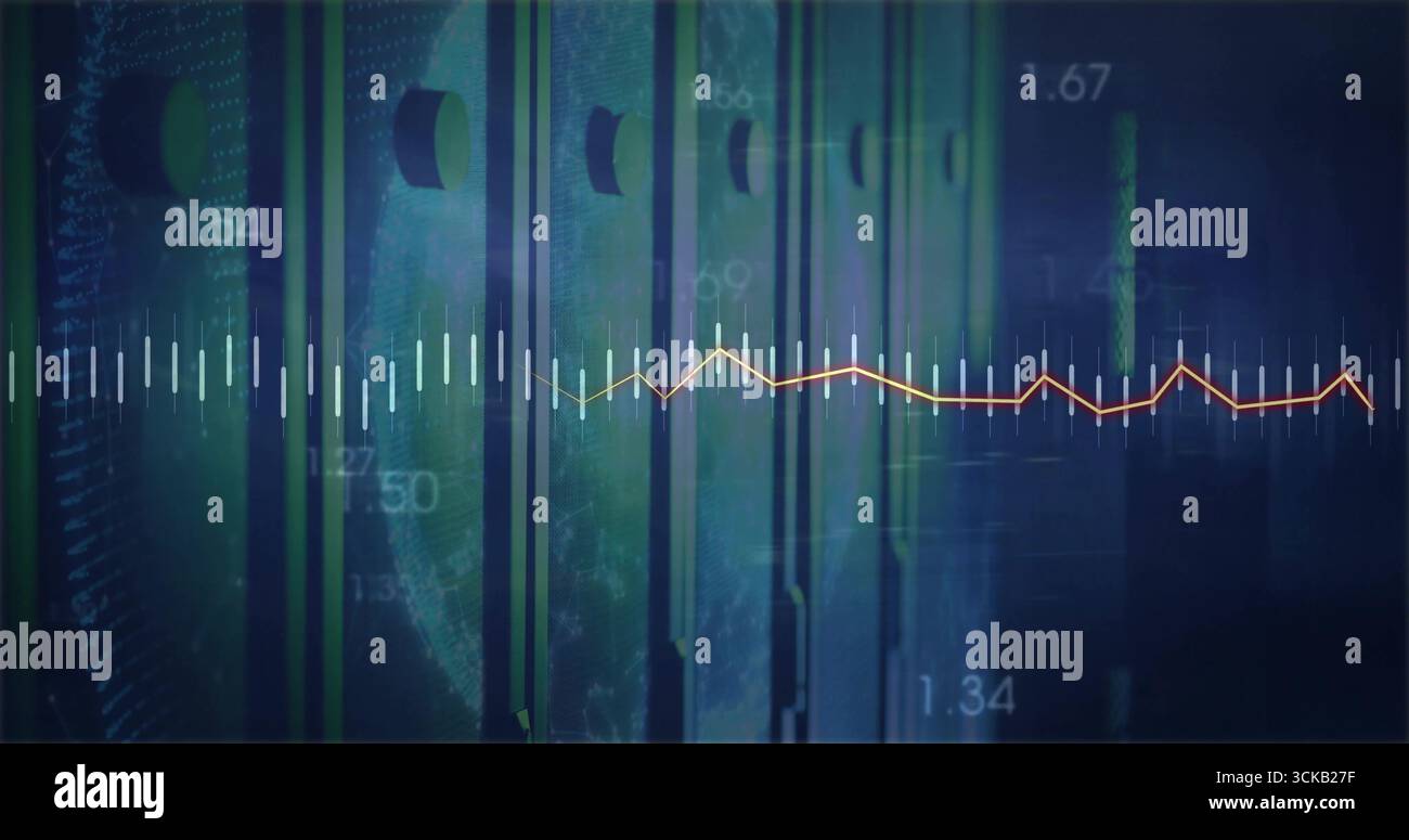 Displaying waveform line spanning data dashboard with green bars, globe outline, numeric labels Stock Photo