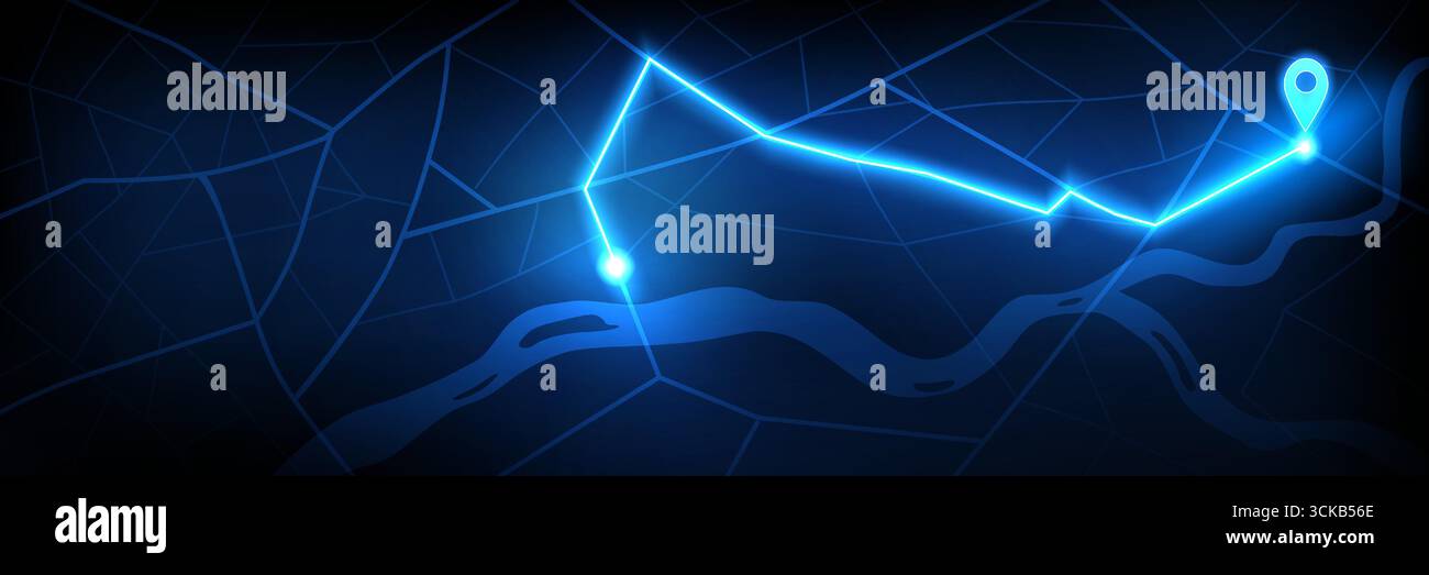 Neon digital navigation map with blue GPS pin on black background ...