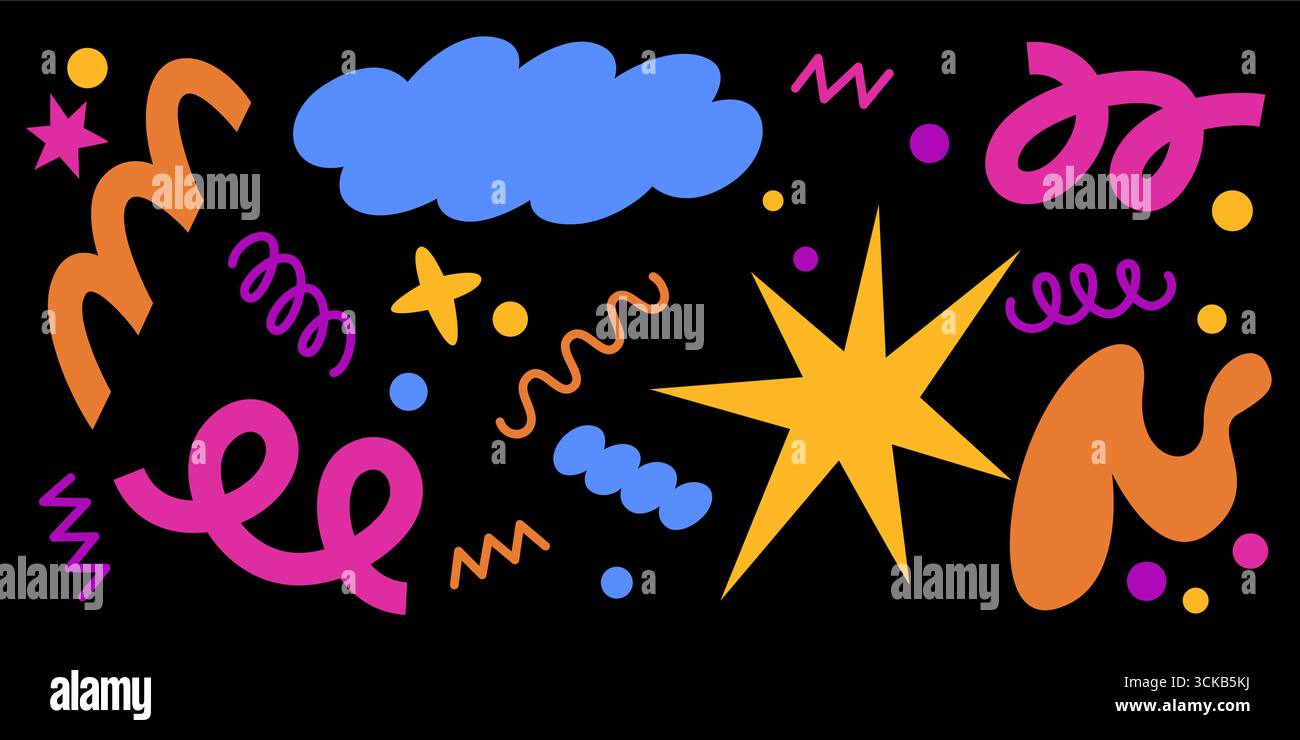 Abstract bright shapes set isolated on black background. Vector cartoon ...