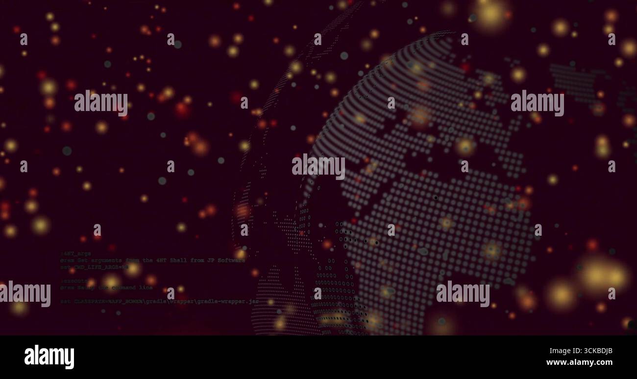 Displaying dotted globe with streaming binary code, particles, code lines in cyberspace, copy space. Digital, technology, innovation, virtual, cyberse Stock Photo
