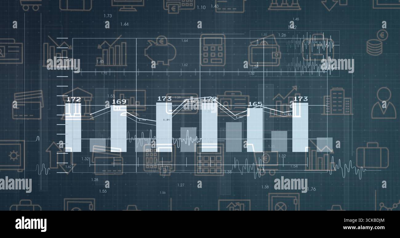 Displaying visualization on blue grid, with bar chart line graph ...
