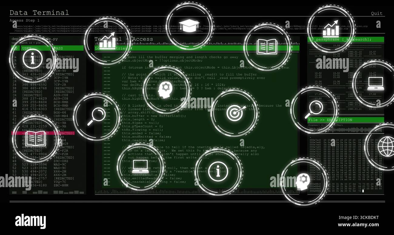 Displaying central green code editor window in terminal interface with circular function icons. Futuristic, interface, digital, technology, visualizat Stock Photo
