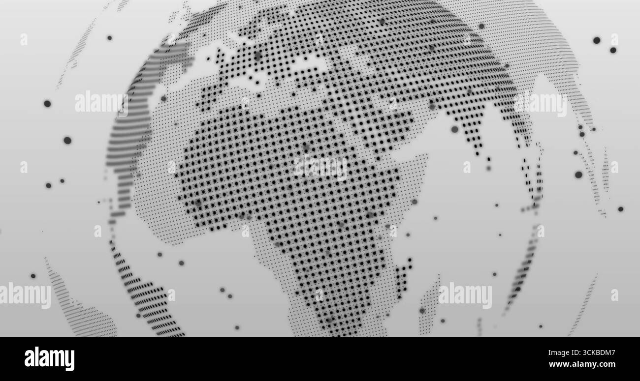 Displaying dot-matrix globe rotating in virtual digital space, with scattered data-point clusters. Technology, innovation, futuristic, data visualizat Stock Photo