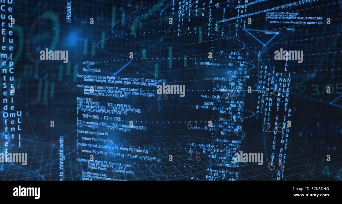 Floating code snippets and grid forming network node in virtual 3D data space, with glowing nodes. Cybersecurity, data visualization, digital landscap Stock Photo