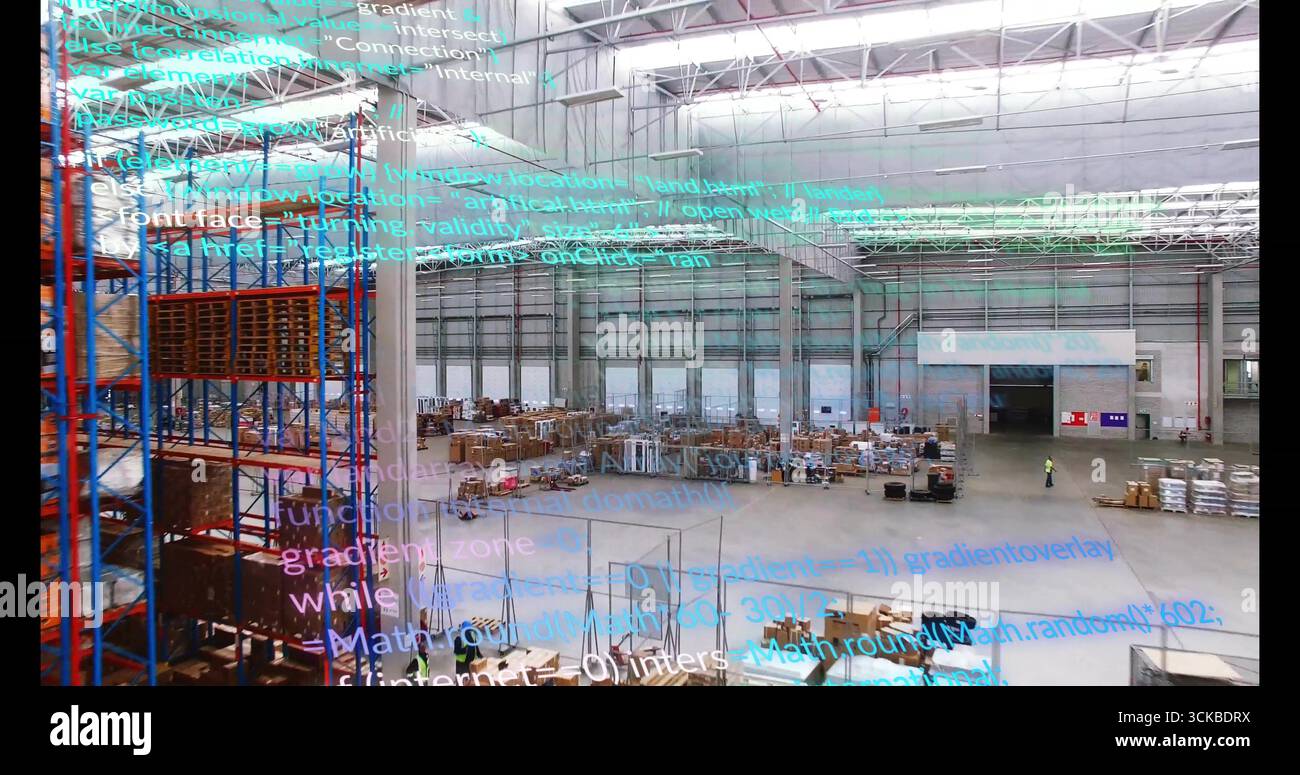 Logistic Warehouse Racking Coding Worker wearing safety vest scanning code overlay in warehouse with ...