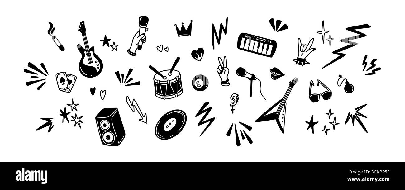 Punk rock n roll music background. Hand drawn line doodle icon set ...