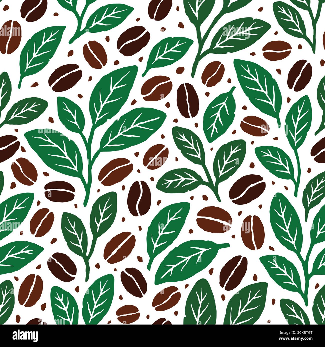 Coffee beans and leaves seamless pattern. Vector illustration flat design background. Stock Vector