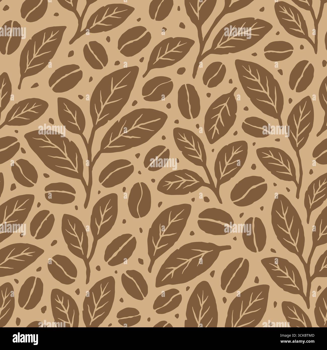 Coffee beans and leaves seamless pattern. Vector illustration flat design background. Stock Vector