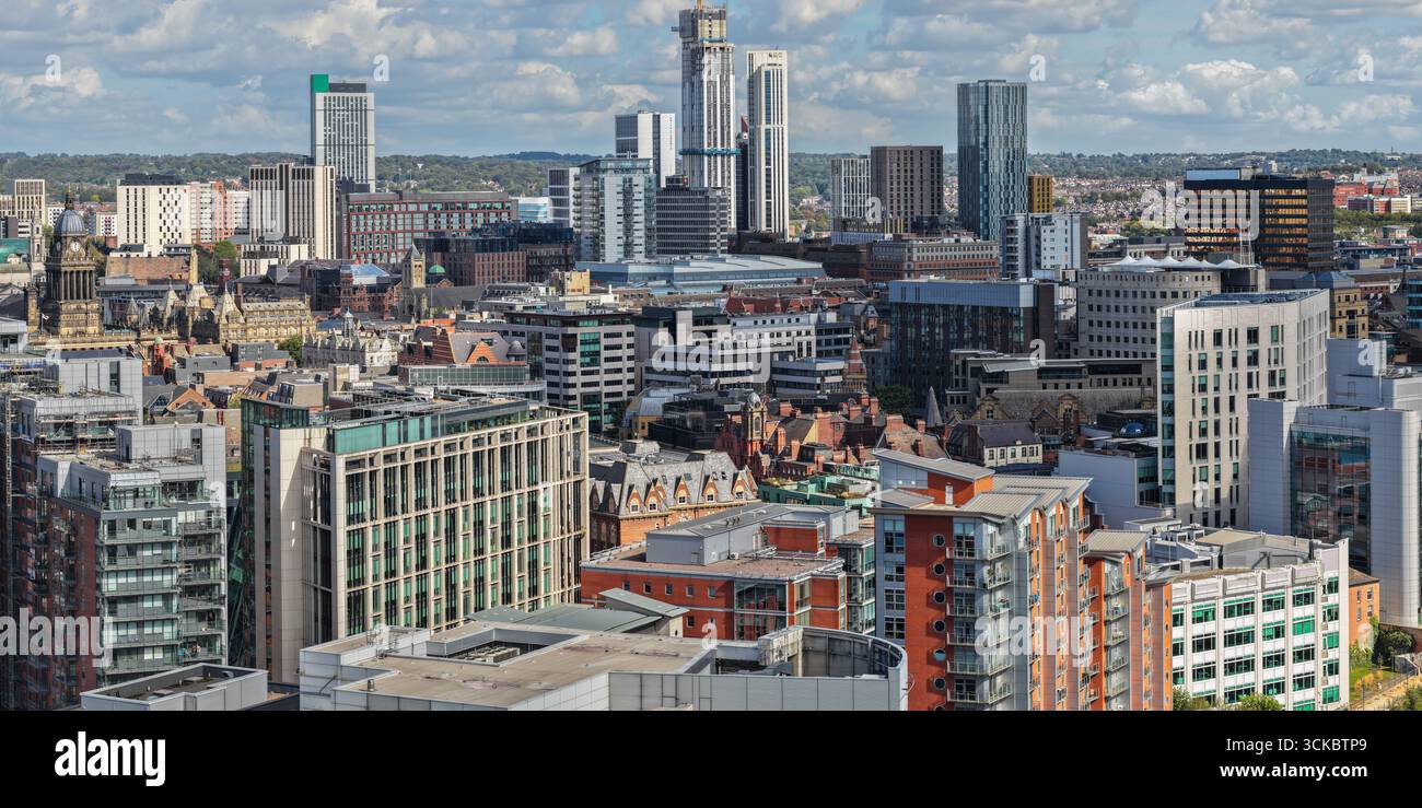 Aerial image of Leeds city centre skyline with historic and modern buildings in West Yorkshire, England. Stock Photo