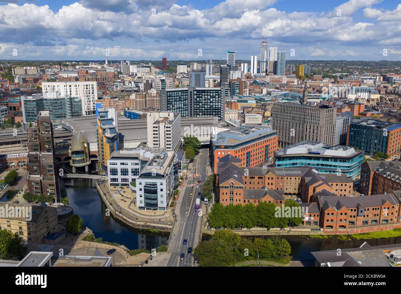 Aerial image of Leeds city centre, featuring River Aire, modern offices, and urban architecture in Yorkshire, England. Stock Photo