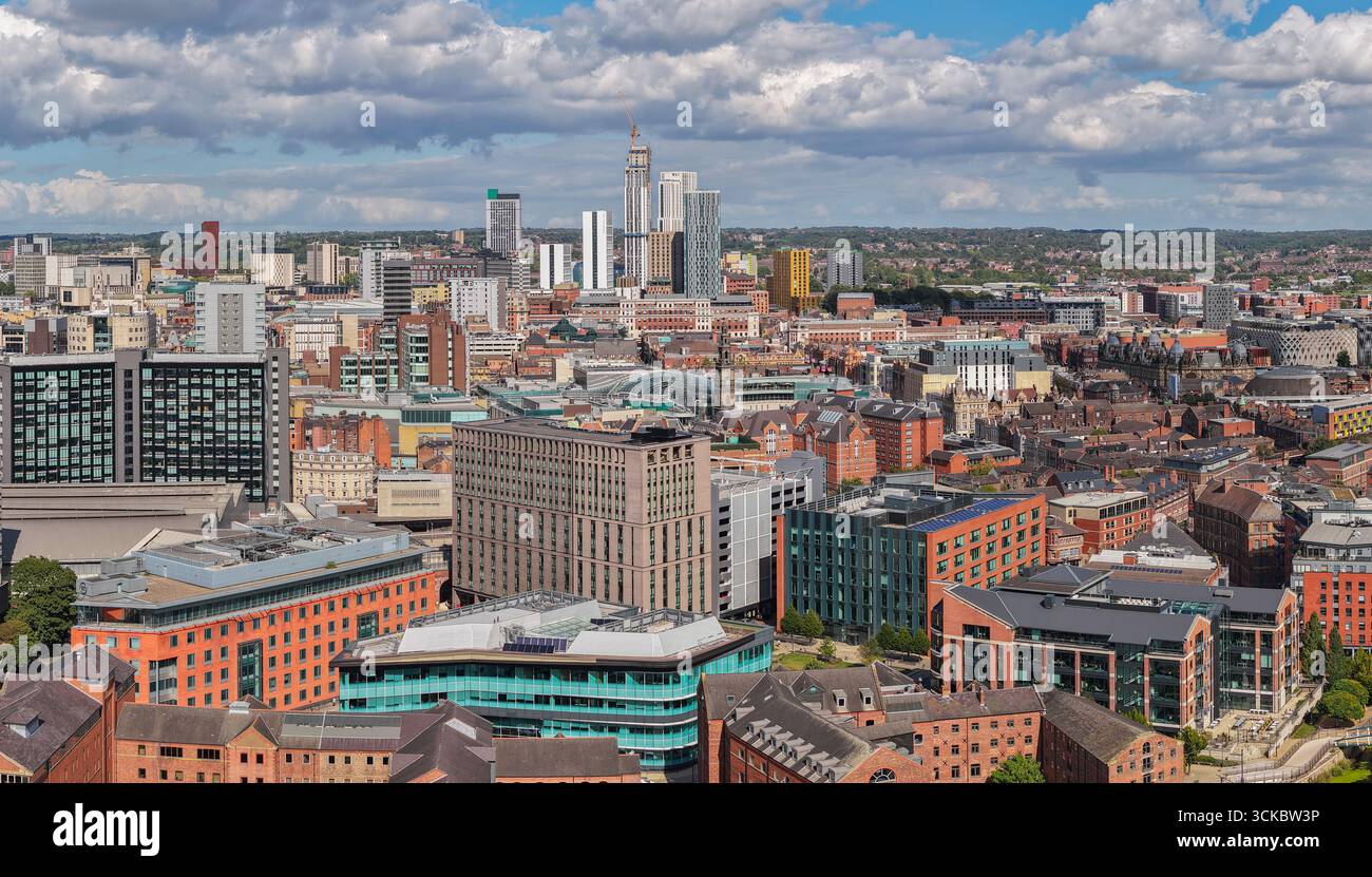 Aerial image of Leeds city centre skyline with historic and modern buildings in West Yorkshire, England. Stock Photo
