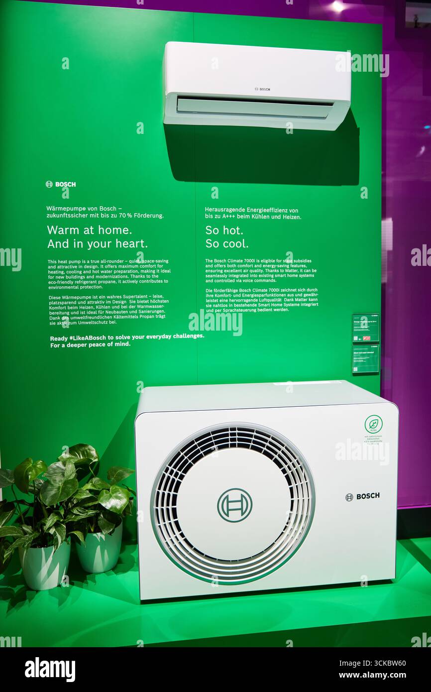 BERLIN, GERMANY - September 7th, 2025: Photo of new Bosch heating pump and air conditioner on display at IFA trade fair Stock Photo