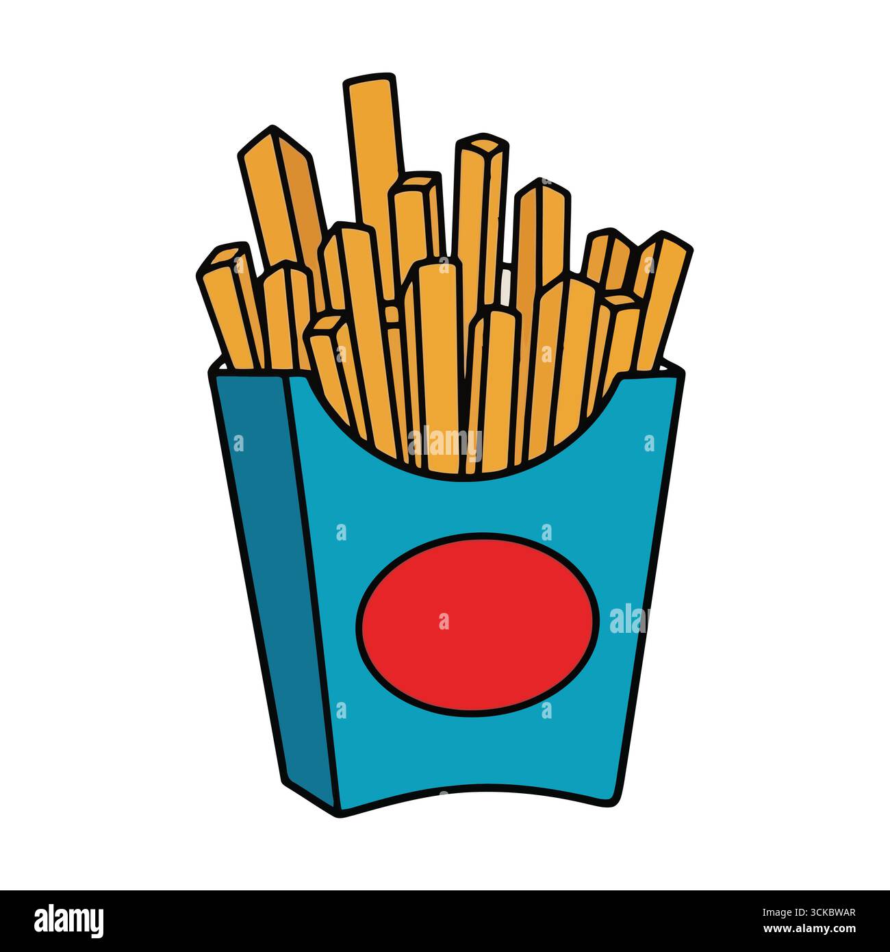 Vector art of cartoon french fries, featuring a blue container with a red oval, perfect for fast food or restaurant concepts Stock Vector