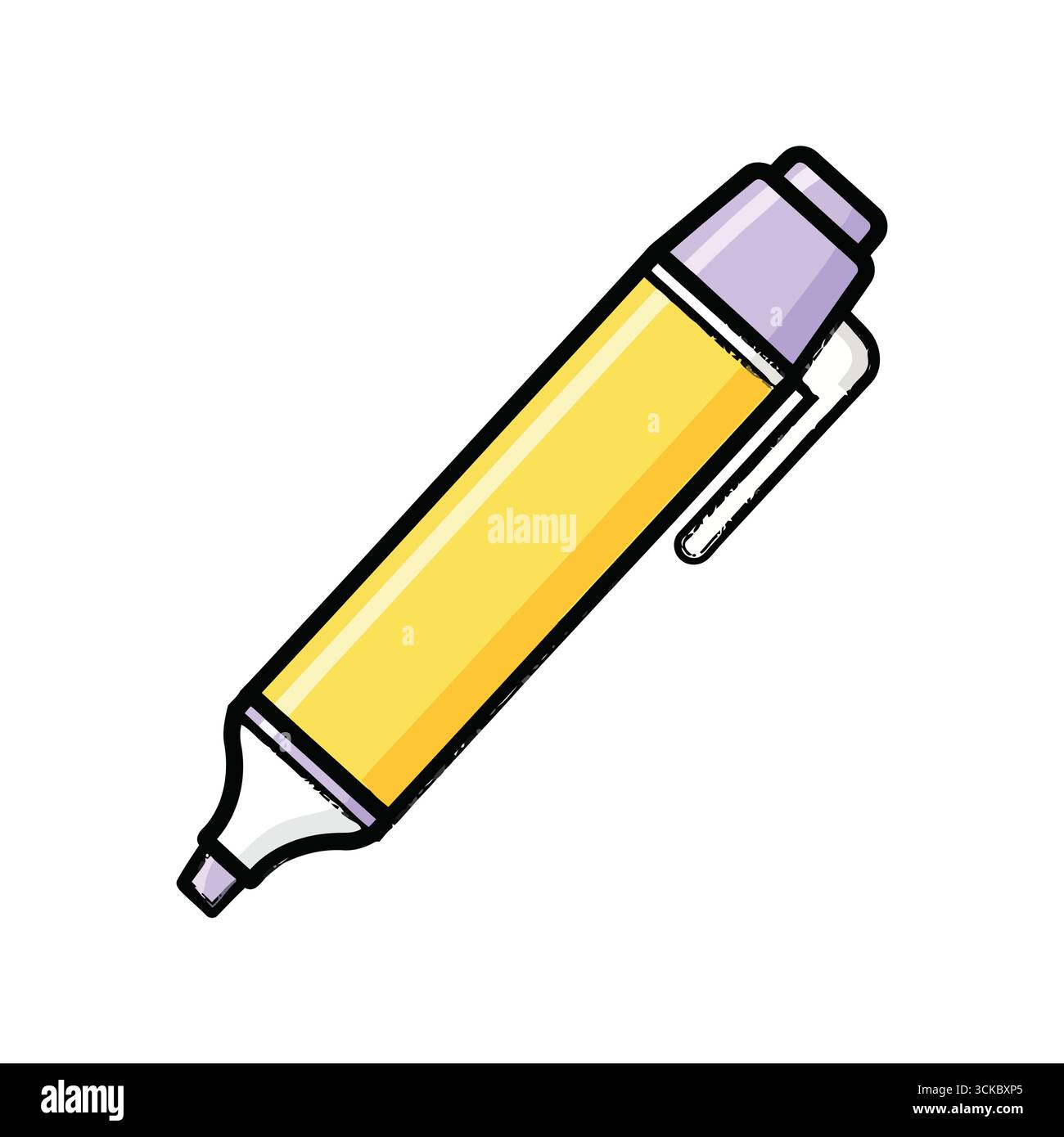 Vector art of a yellow highlighter with a lavender cap is angled to the right, casting a slight shadow and ready for use Stock Vector
