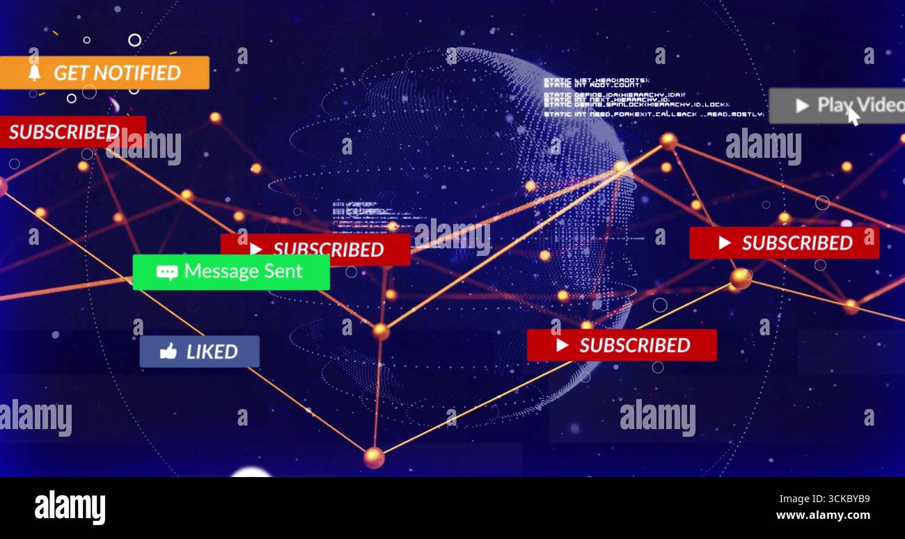 Animating wireframe globe with orange nodes on virtual network, displaying notifications and code. Technology, connectivity, digital, cyber, interface Stock Photo