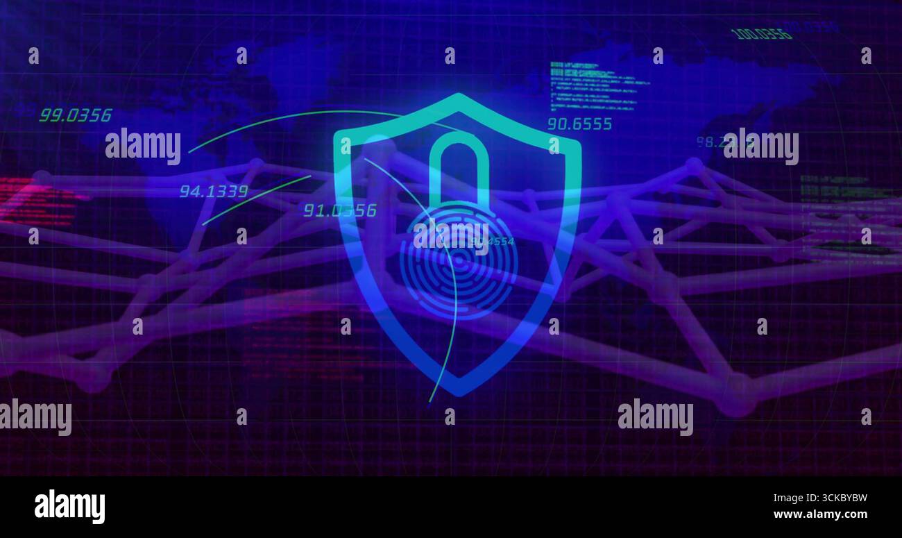 Displaying shield icon with padlock fingerprint securing network on screen, with neon code data. Cybersecurity, digital, technology, protection, netwo Stock Photo