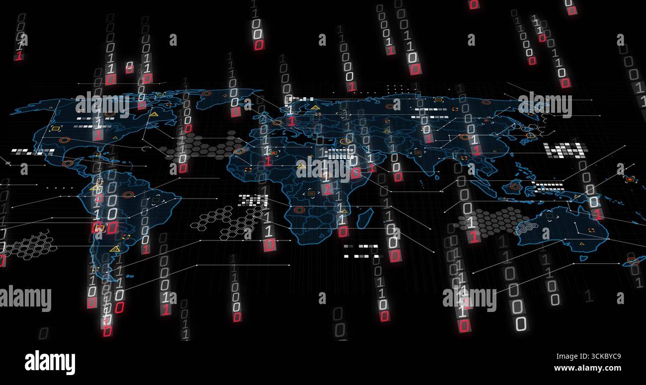 Displaying world map in data, binary streams network links hex grid and triangular warning icons. Cyberspace, global connectivity, technology, digital Stock Photo