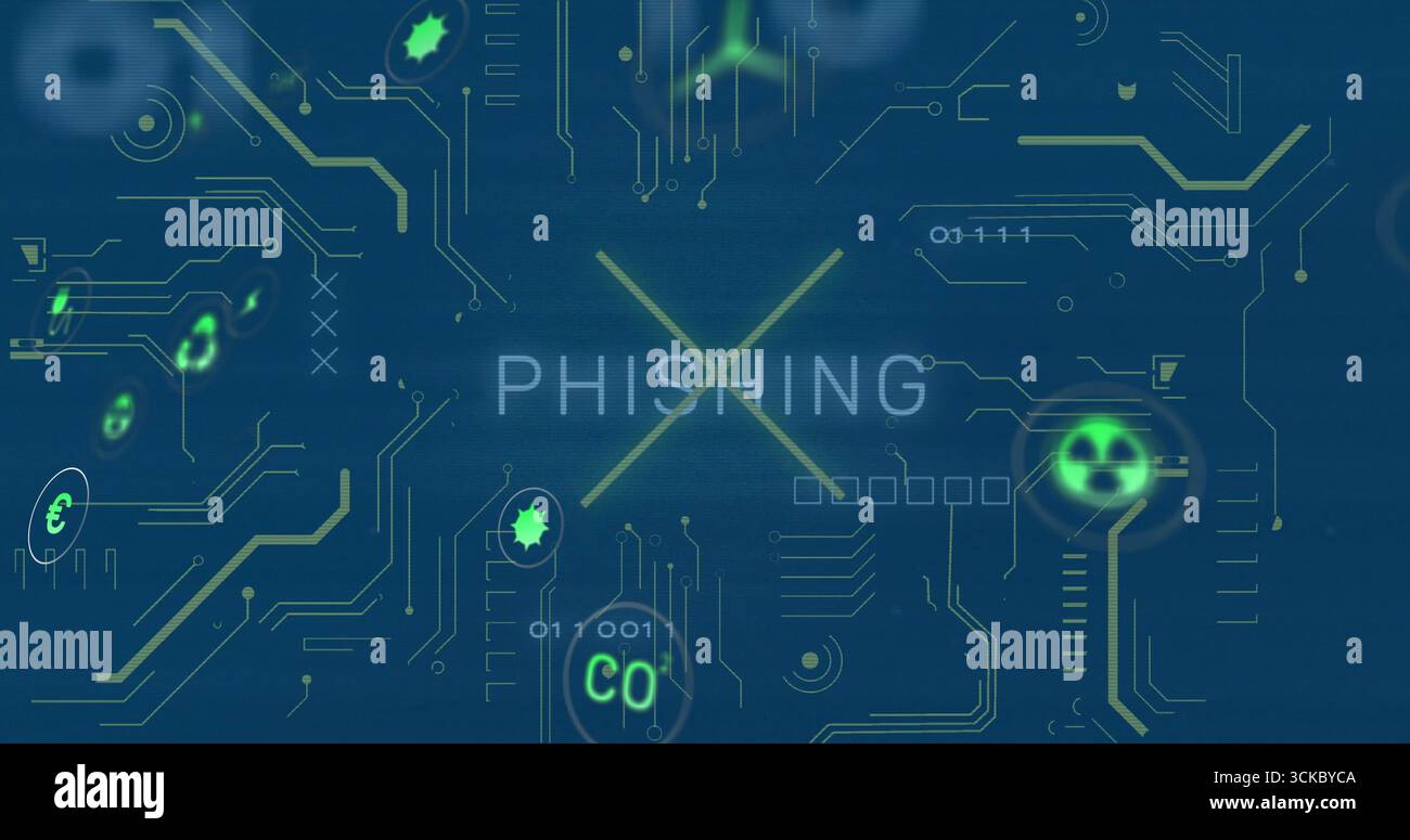 Showing alert highlighting PHISHING on dark blue interface with neon circuits binary digits. Cybersecurity, data protection, digital network, informat Stock Photo
