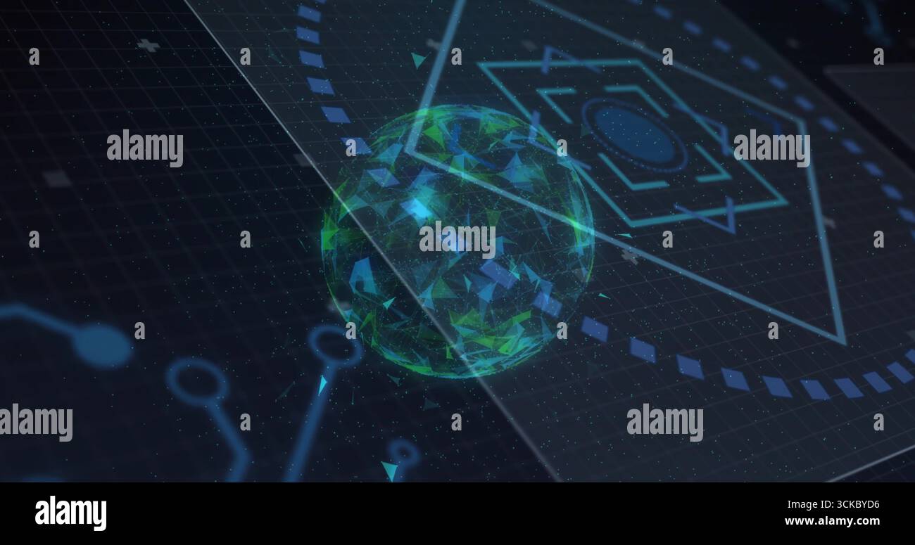 Floating 3D sphere with triangular facets over digital circuit plane emitting particles. Futuristic, abstract, technology, cyber, digitalart, innovati Stock Photo