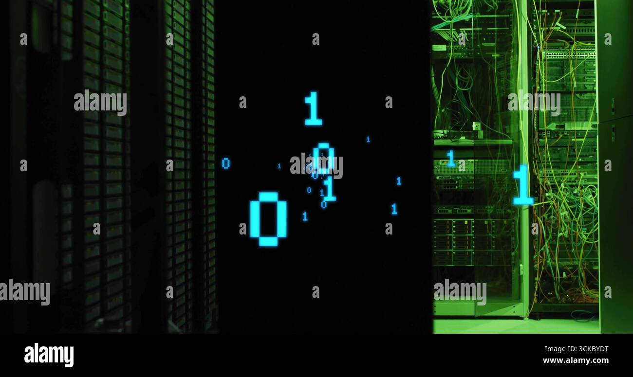 Floating binary code over panel in data center corridor, with racks, switches, cables, grille doors. Technology, cybersecurity, server, network, infra Stock Photo