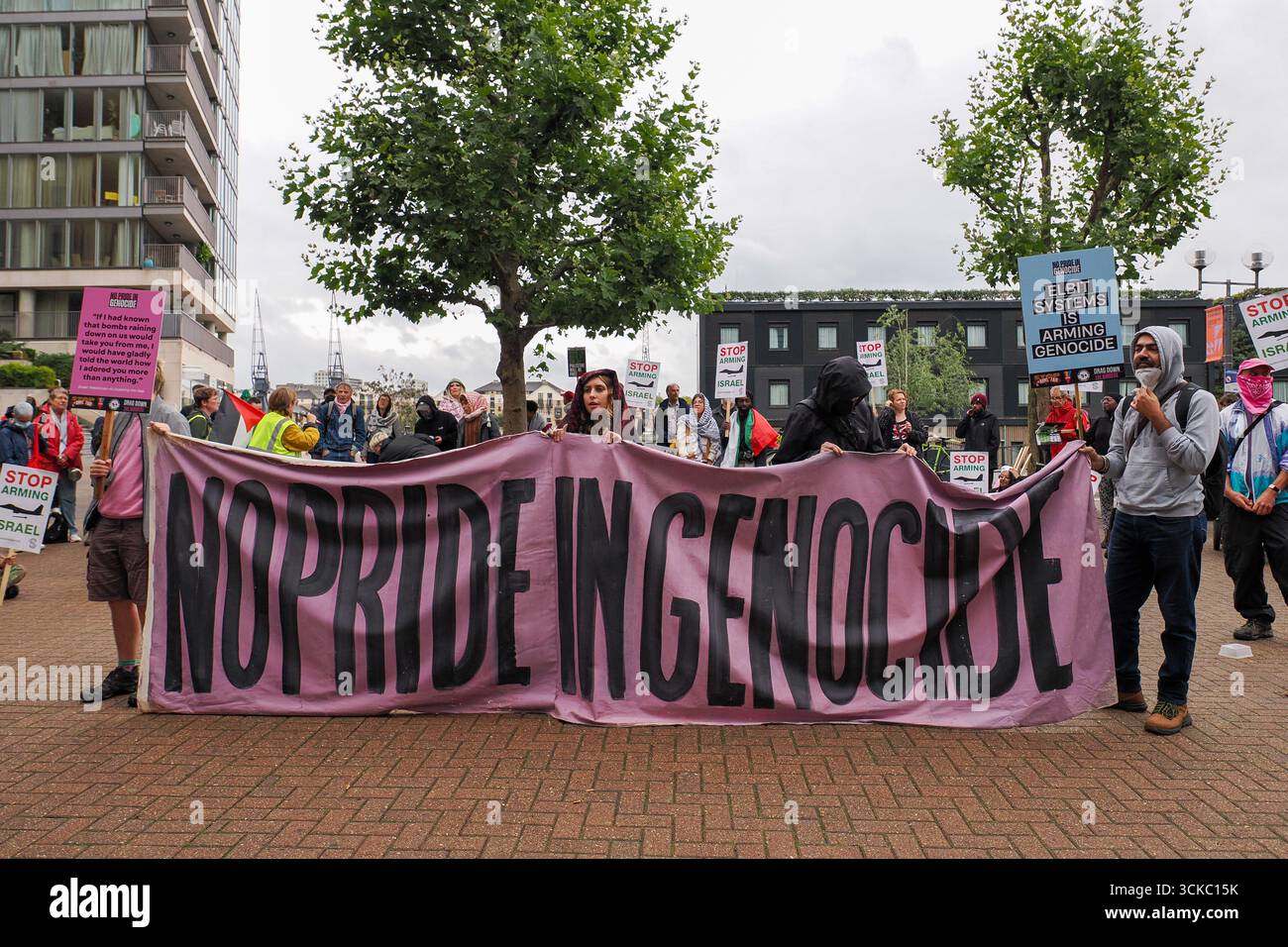 10 September 2025, UK, London, Excel Centre. Protesters gether outside ...