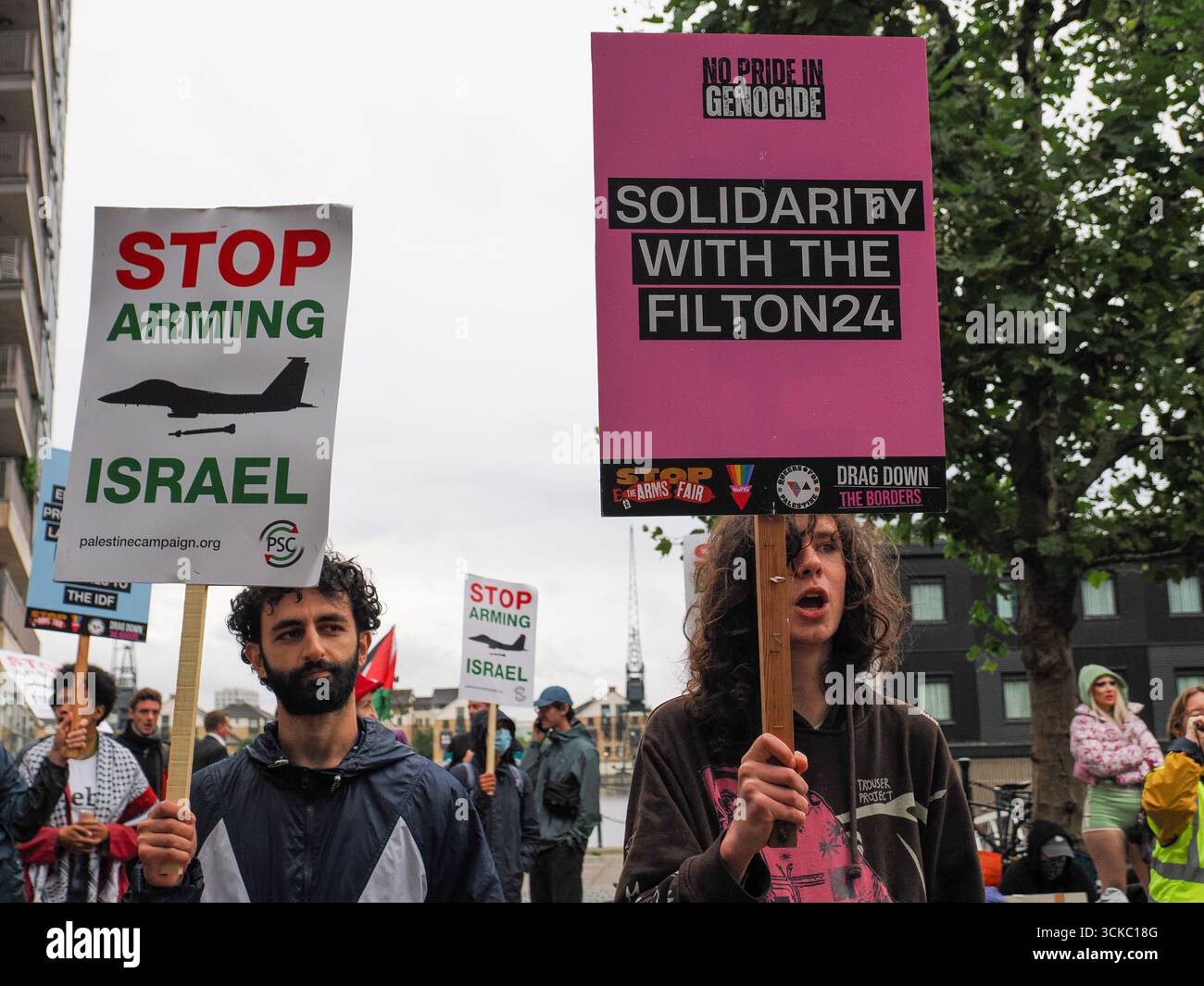 10 September 2025, UK, London, Excel Centre. Protesters gether outside ...