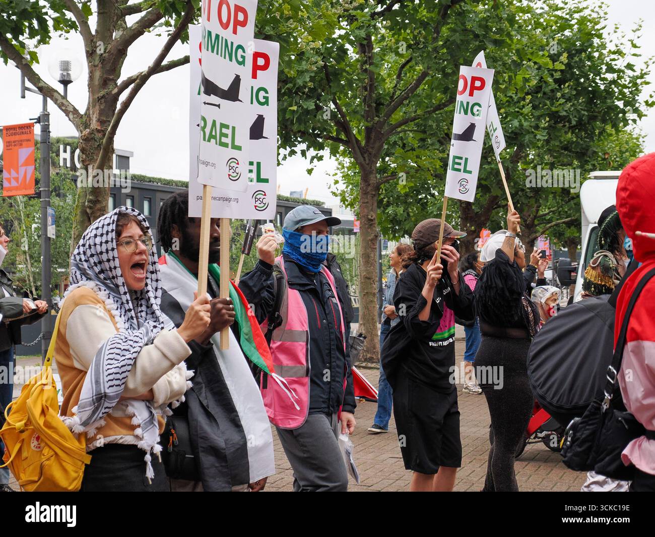10 September 2025, UK, London, Excel Centre. Protesters gether outside ...