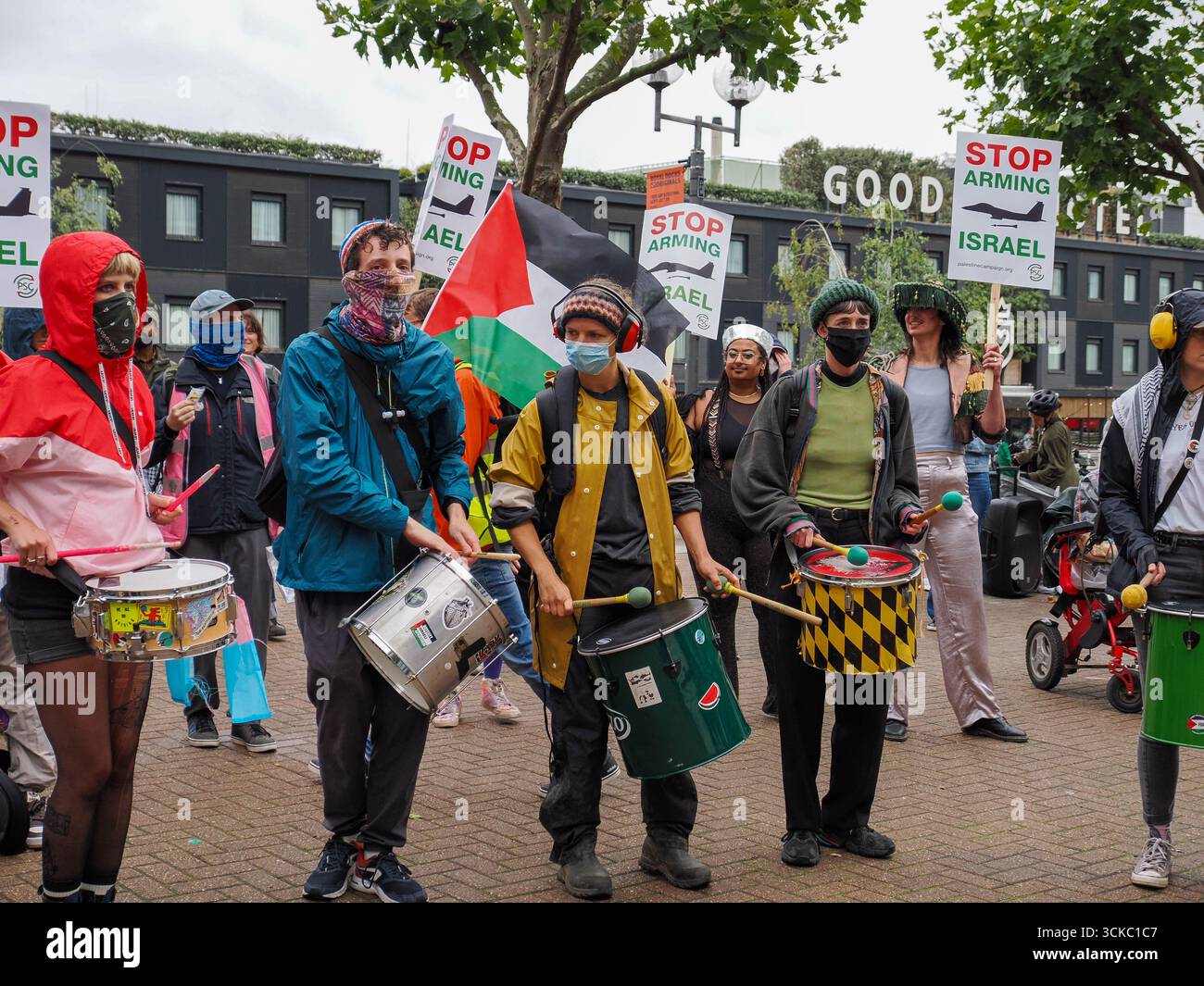 10 September 2025, UK, London, Excel Centre. Protesters gather outside ...