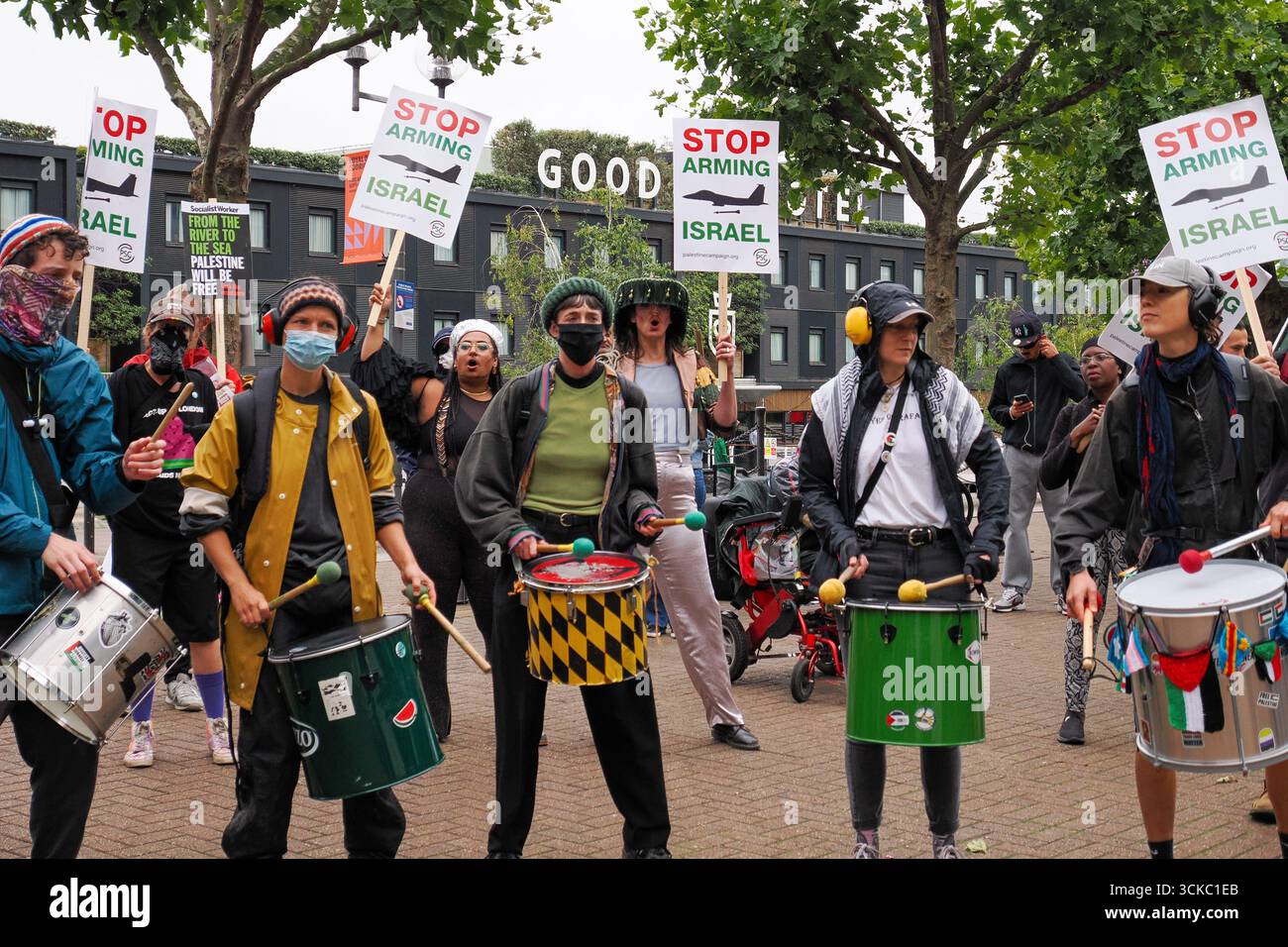 10 September 2025, UK, London, Excel Centre. Protesters gather outside ...