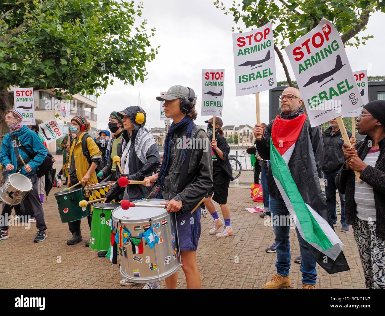 10 September 2025, UK, London, Excel Centre. Protesters gether outside ...