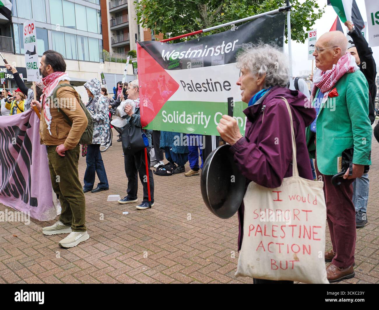 10 September 2025, UK, London, Excel Centre. Protesters gether outside ...