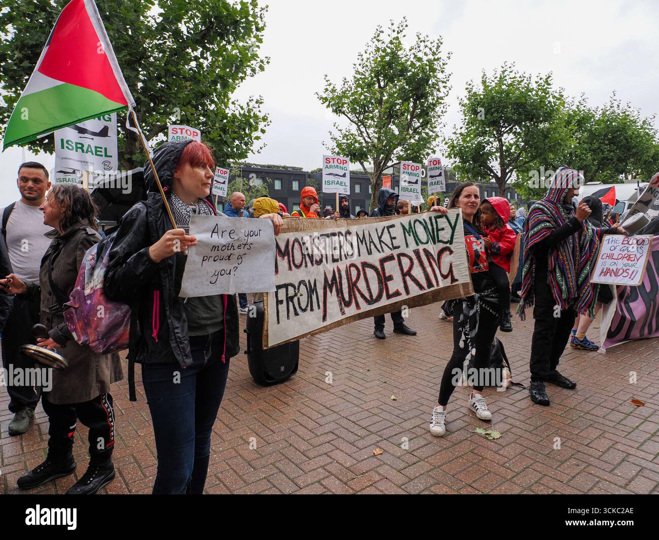 10 September 2025, UK, London, Excel Centre. Protesters gether outside ...