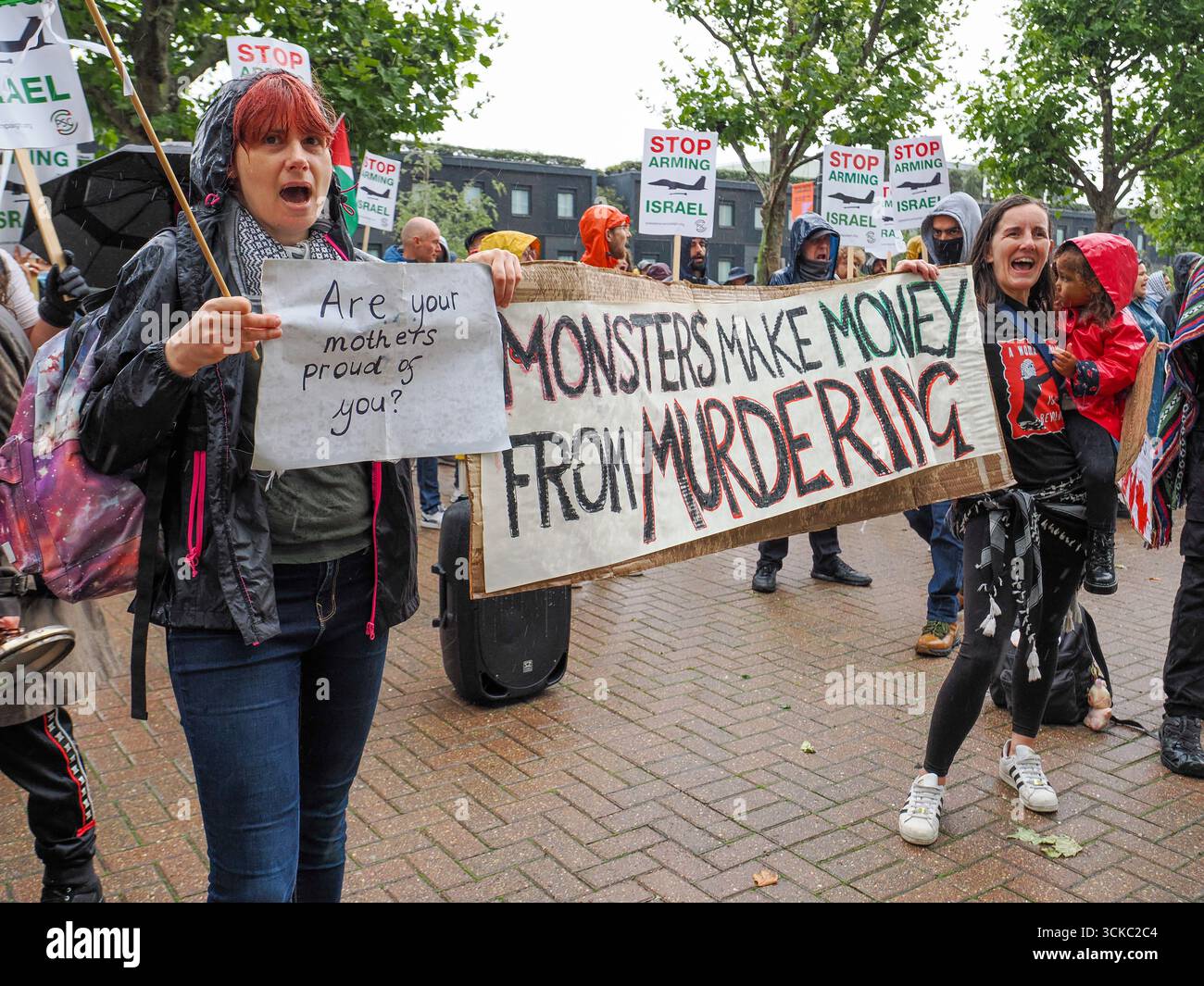 10 September 2025, UK, London, Excel Centre. Protesters gather outside ...