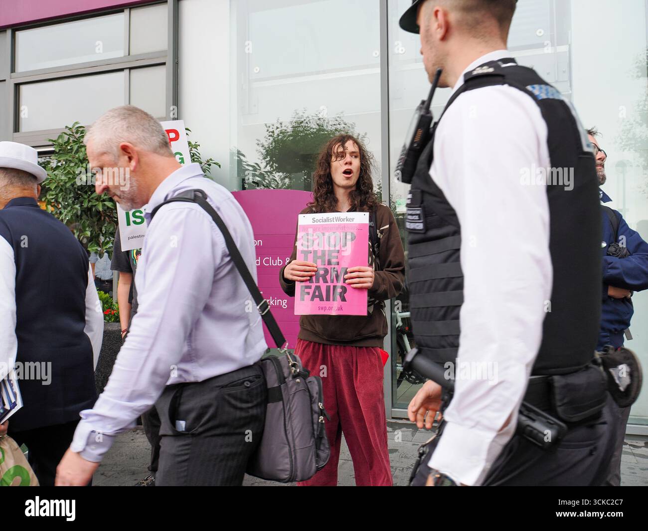 10 September 2025, UK, London, Excel Centre. Protesters gather outside ...