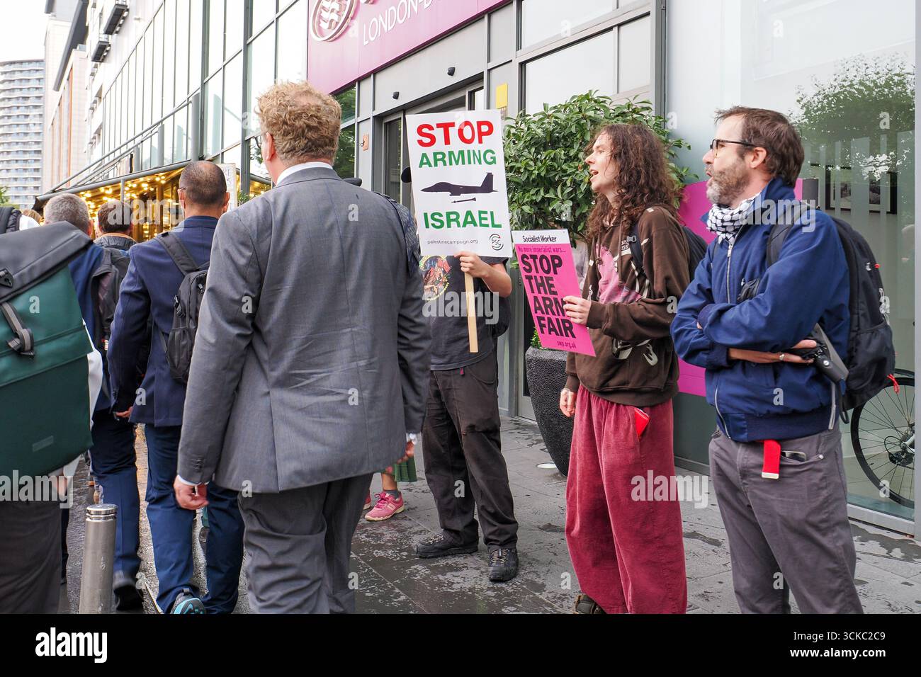 10 September 2025, UK, London, Excel Centre. Protesters gather outside ...