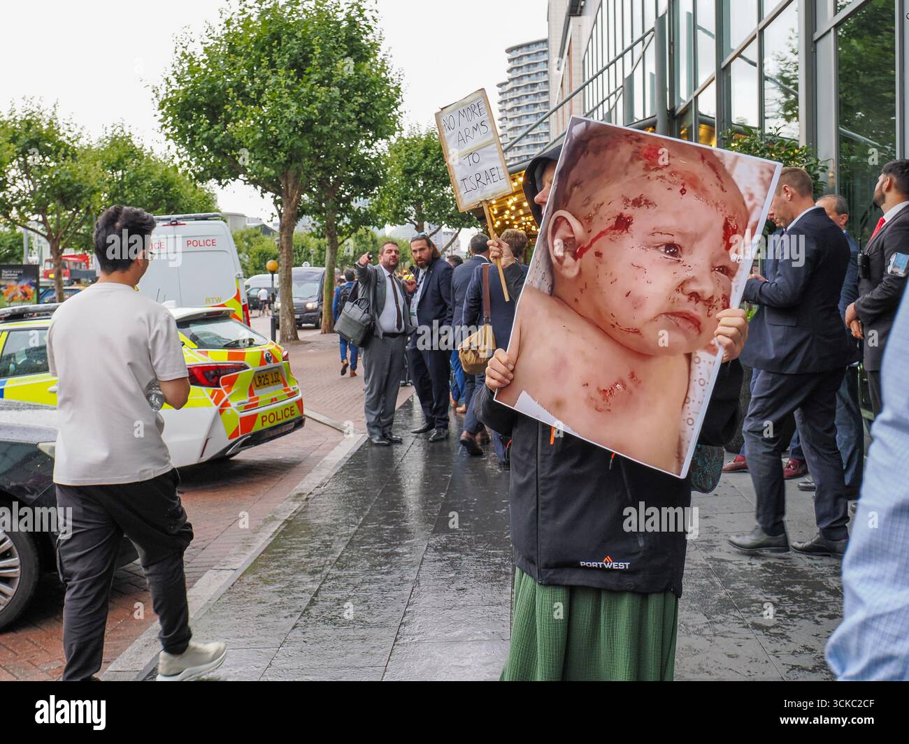 10 September 2025, UK, London, Excel Centre. Protesters gather outside ...