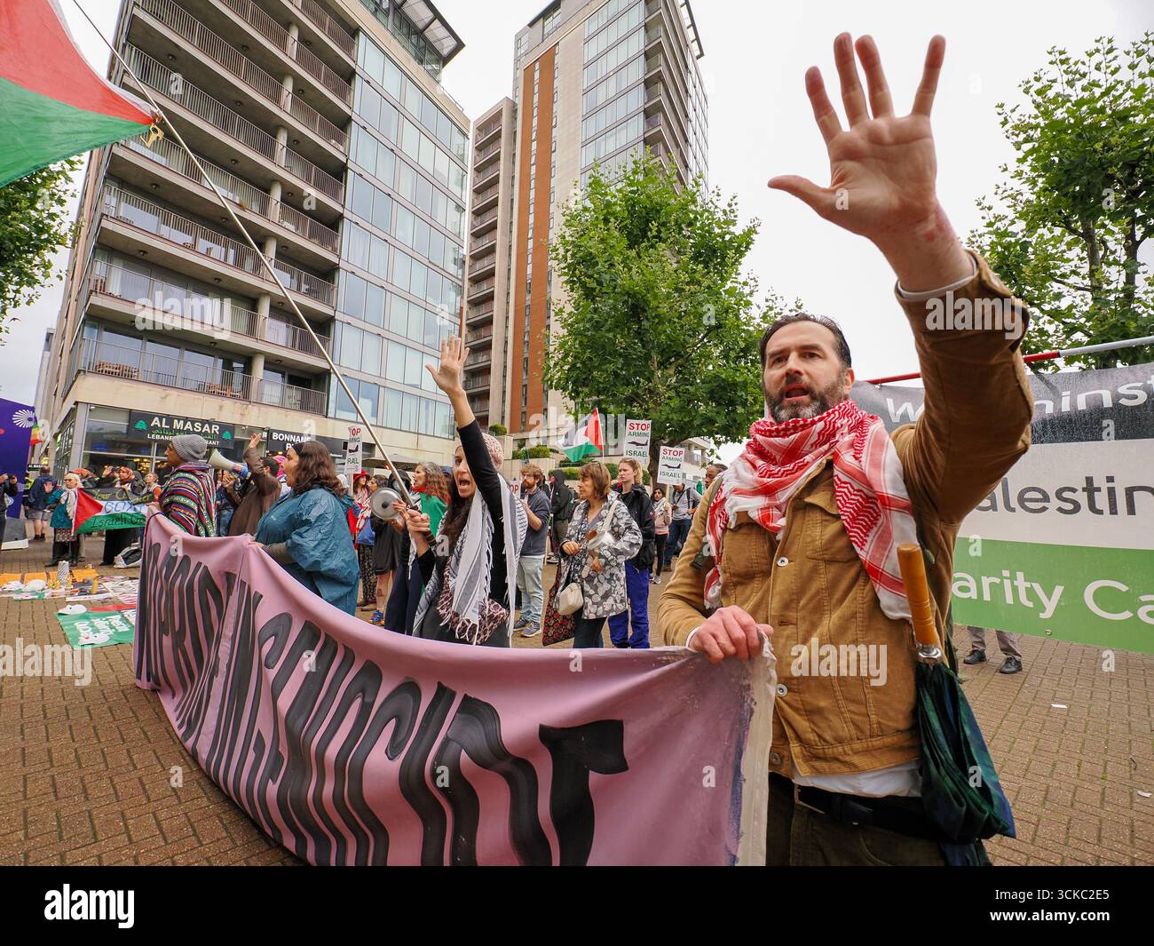 10 September 2025, UK, London, Excel Centre. Protesters gether outside ...