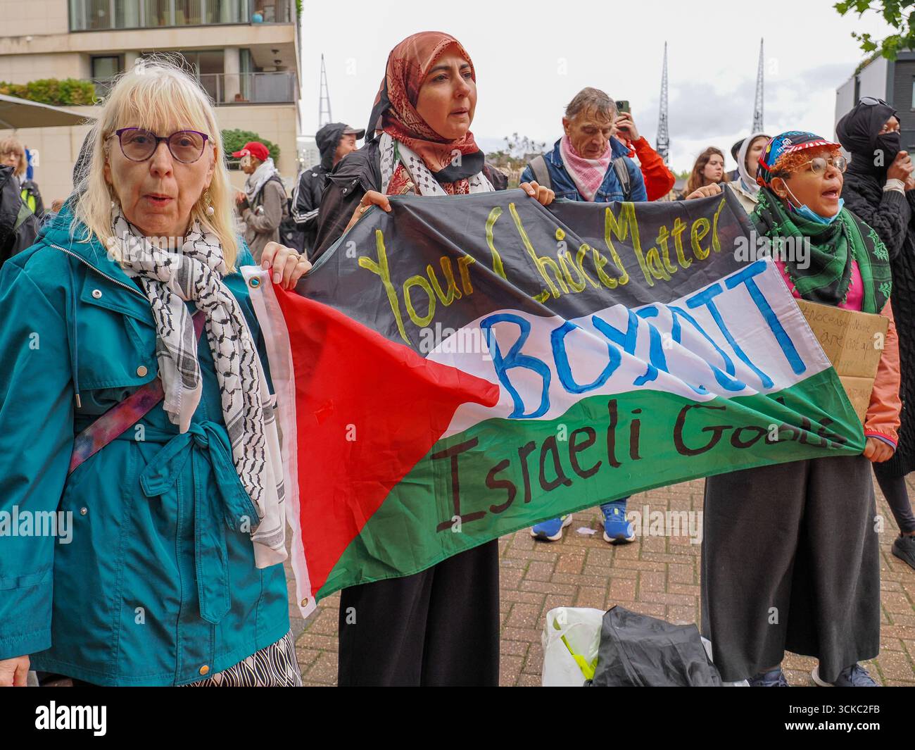 10 September 2025, UK, London, Excel Centre. Protesters gether outside ...