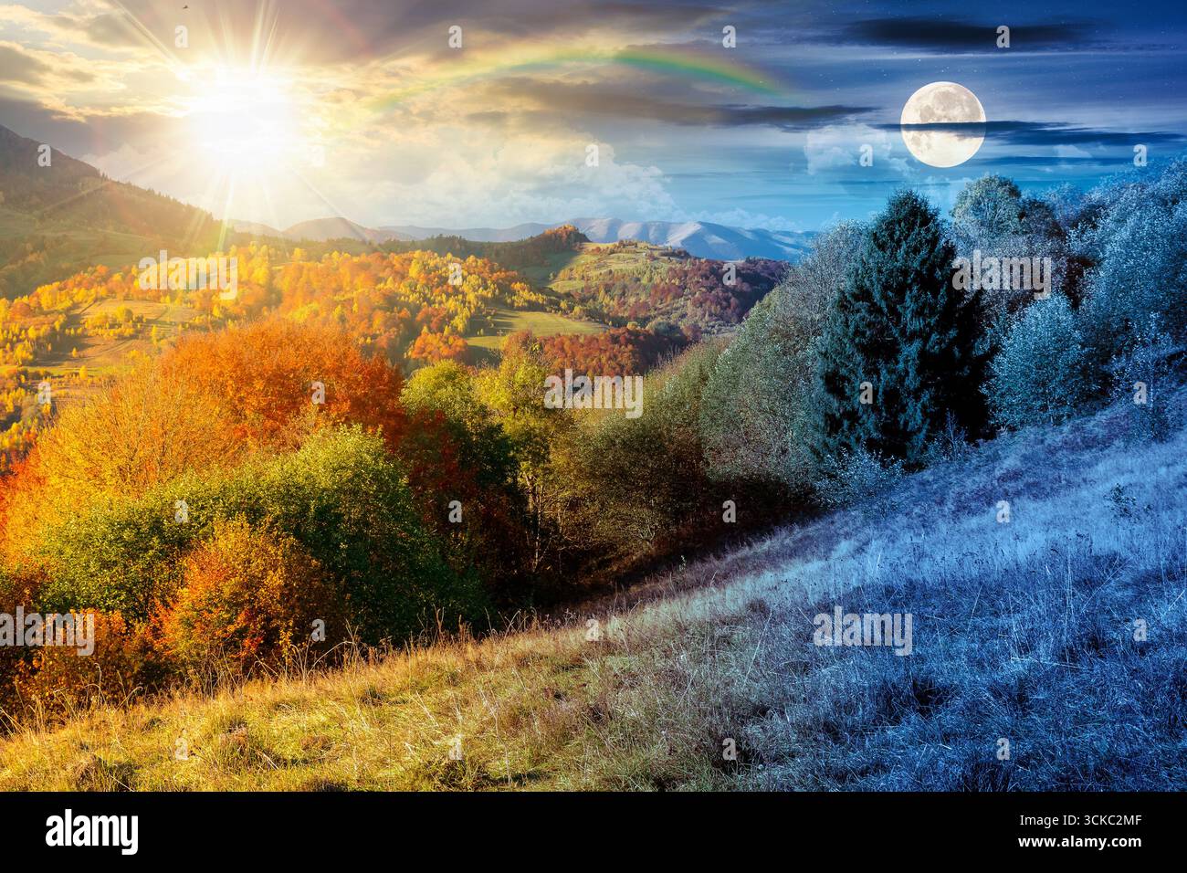 autumn mountain landscape. day and night time change concept. beautiful countryside in highlands with rural fields and colorful deciduous trees. rolli Stock Photo